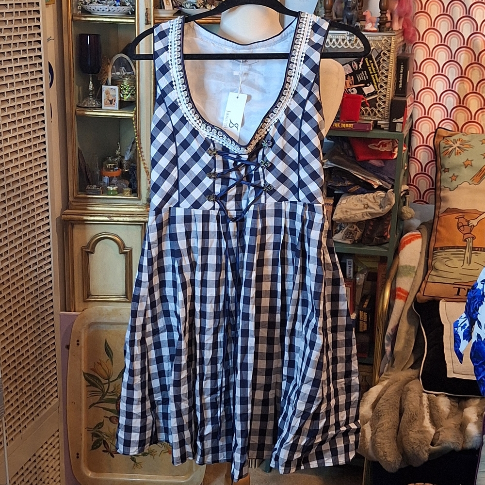 Blue and White Checkered Dress With Embroidered Detail, NWT Medium